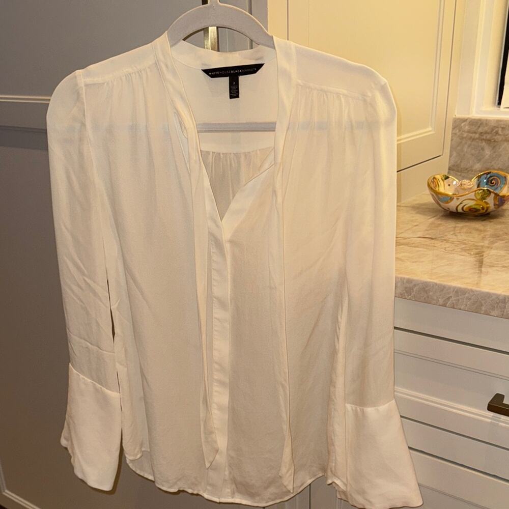 White House Black Market WHBM Long Sleeve Tie V-Neck Blouse Ivory 2